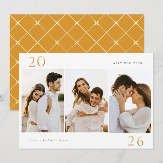 Gold 2026 New Year 3 Photo Holiday Card (Front/Back)
