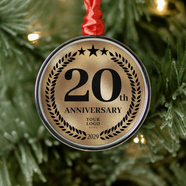 Gold 20th Anniversary Business Logo Christmas Metal Ornament (Tree)