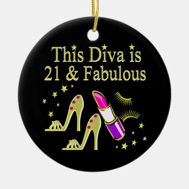 GOLD 21 AND FABULOUS BIRTHDAY DESIGN CERAMIC ORNAMENT (Front)