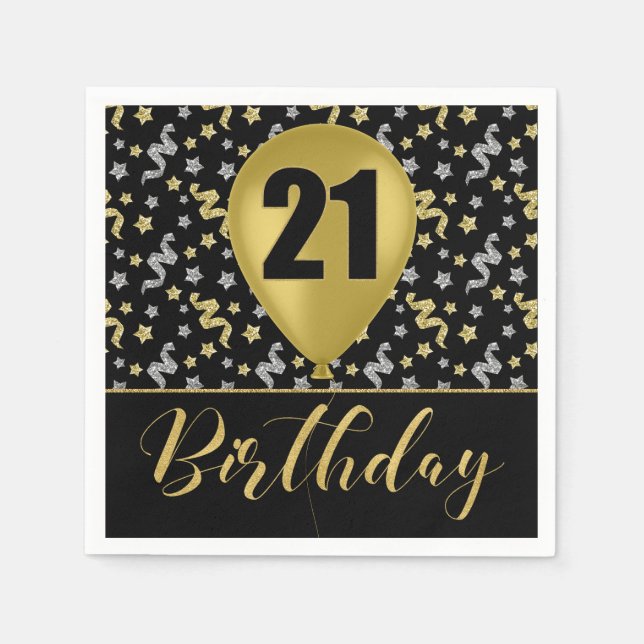 Gold 21 Birthday in Gold and Silver on Black Napkins (Front)