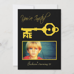 Gold 21 Key Mens 21st Birthday Party Photo Invite