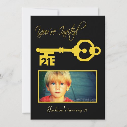 Gold 21 Key Mens 21st Birthday Party Photo Invite