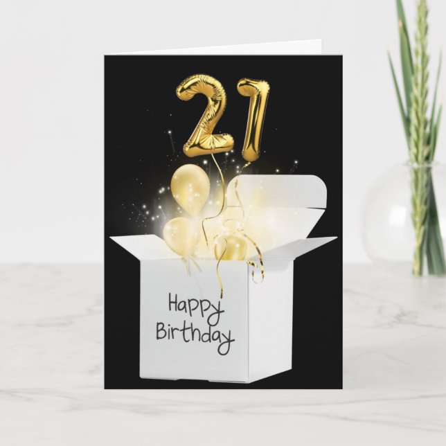 Gold 21st Birthday Balloons In White Box   Card (Front)