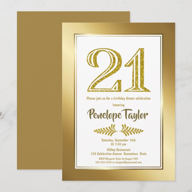 Gold 21st Birthday Dinner Party Invitation (Front/Back)