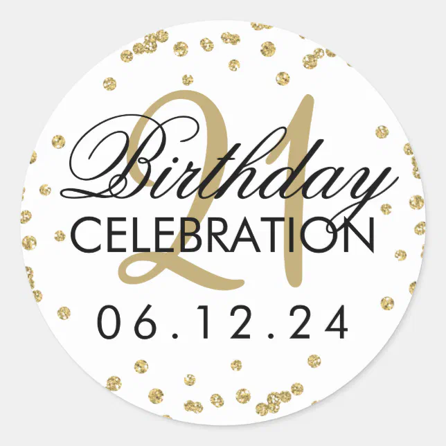 Gold 21st Birthday Faux Glitter Confetti Classic Round Sticker | Zazzle