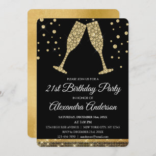 Gold 21st Birthday Party Diamond Champagne Glass Invitation