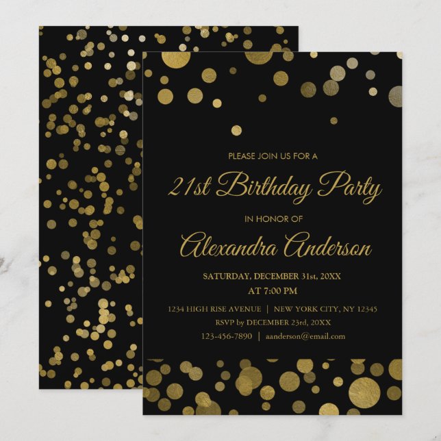 Gold 21st Birthday Party Gold Confetti Invitation (Front/Back)