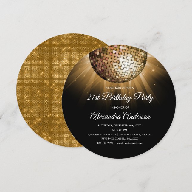 Gold 21st Birthday Party Gold Disco Ball Invitation (Front/Back)