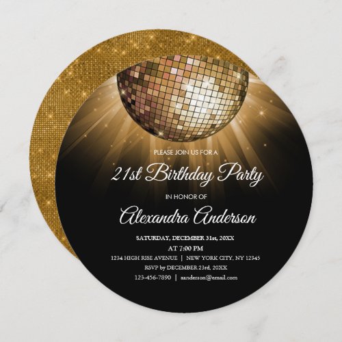 Gold 21st Birthday Party Gold Disco Ball Invitation