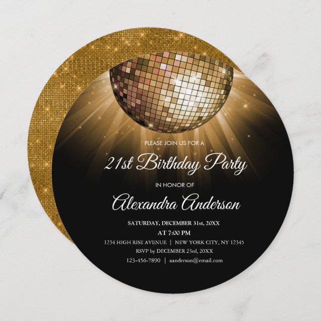 Gold 21st Birthday Party Gold Disco Ball Invitation (Front/Back)