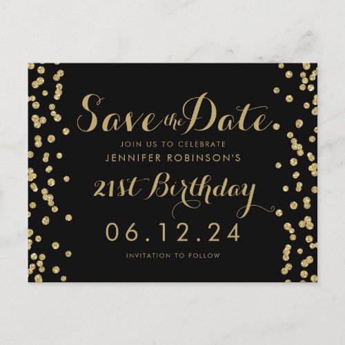 Gold 21st Birthday Save The Date Confetti Black Announcement Postcard