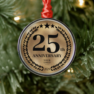 Gold 25th Anniversary Business Logo Christmas Metal Ornament