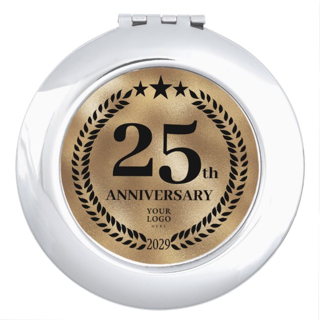 Gold 25th Anniversary Business Logo Compact Mirror (Front)