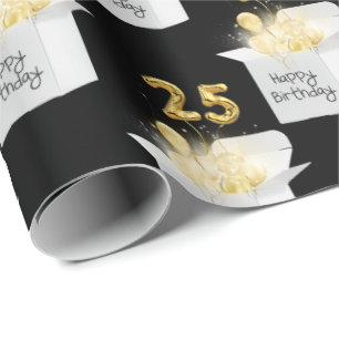 Gold 25th Birthday Balloons in White Box Wrapping Paper