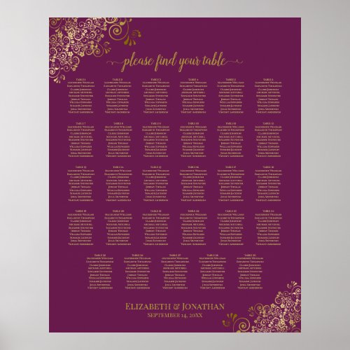 Gold 29 Table Wedding Seating Chart Cassis Purple