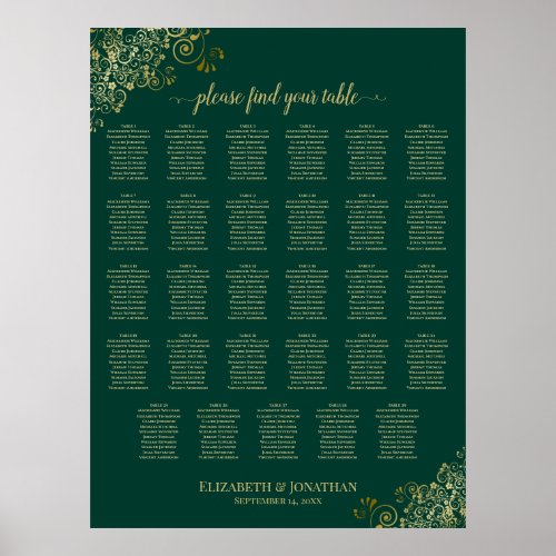 Gold 29 Table Wedding Seating Chart Emerald Green