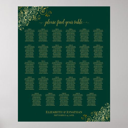 Gold 29 Table Wedding Seating Chart Emerald Green