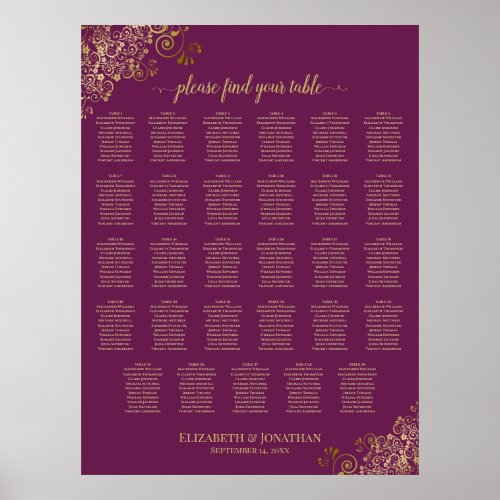 Gold 29 Table Wedding Seating Chart Magenta Plum