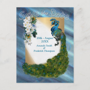 Gold, 2 Peacocks, Feathers on Emerald Green Silk Announcement Postcard