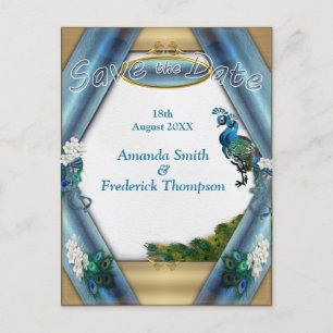 Gold, 2 Peacocks, Feathers on Emerald Green Silk Announcement Postcard