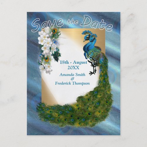 Gold 2 Peacocks Feathers on Emerald Green Silk Announcement Postcard