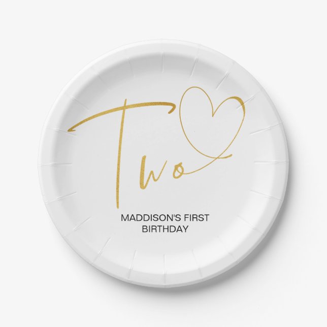 Gold 2nd Birthday Party Decor Two Birthday Paper Plates (Front)