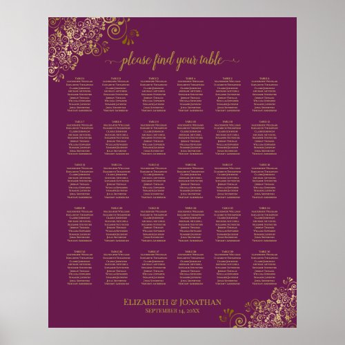 Gold 30 Table Wedding Seating Chart Cassis Purple