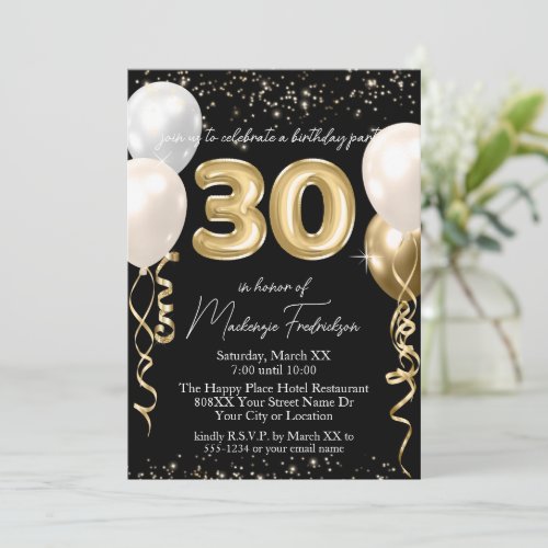 Gold 30th Birthday Balloons on Black Invitation