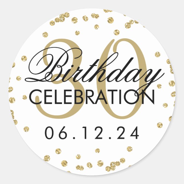 Gold 30th Birthday Faux Glitter Confetti Classic Round Sticker (Front)
