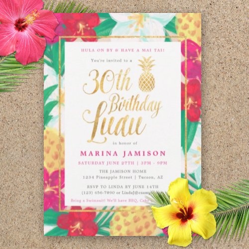 Gold 30th Birthday Luau Party Invitations