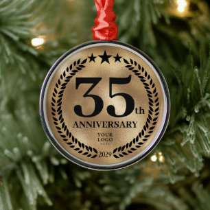 Gold 35th Anniversary Business Logo Christmas Metal Ornament