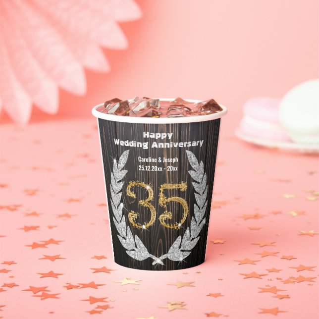 Gold 35th Wedding Anniversary, Diamond Laurel Pape Paper Cups (Insitu)