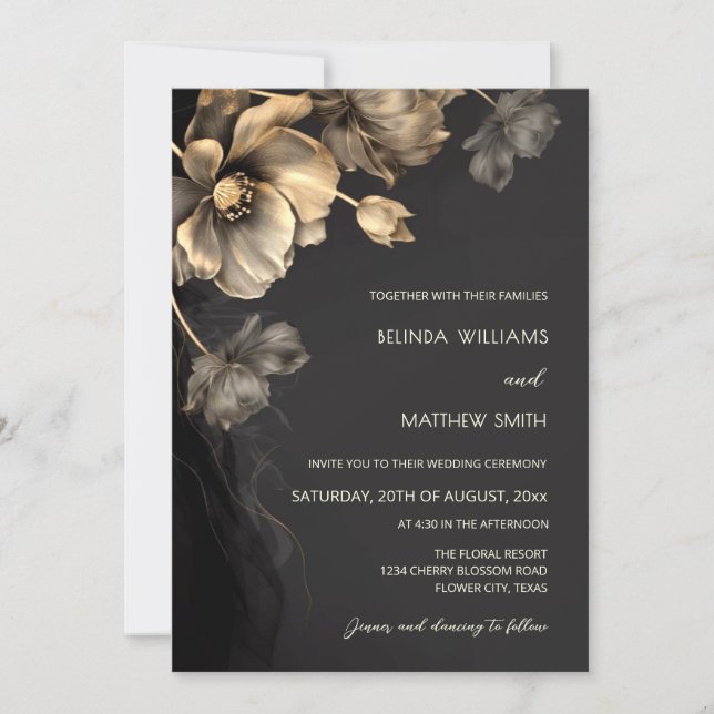 Gold 3 D Flowers Black Wedding Invitation (Front)