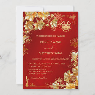 Gold 3 D Flowers Chinese Wedding Invitation