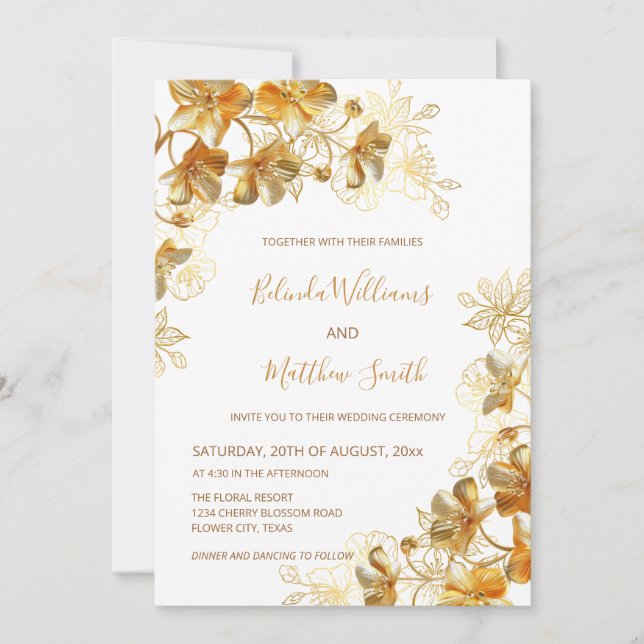 Gold 3 D Flowers White Invitation (Front)