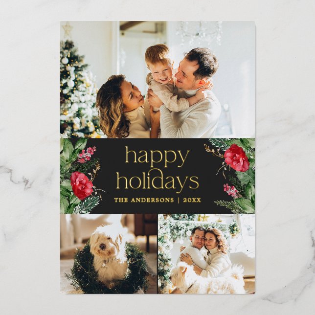 Gold 3 Photo Elegant Winter Greenery Gray Holiday  Foil Invitation (Front)