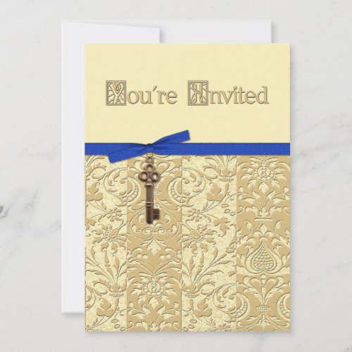 Gold 3D Damask with Key Charm and Bow Invite
