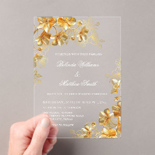 Gold 3D Flowers  Transparent Acrylic Invitations