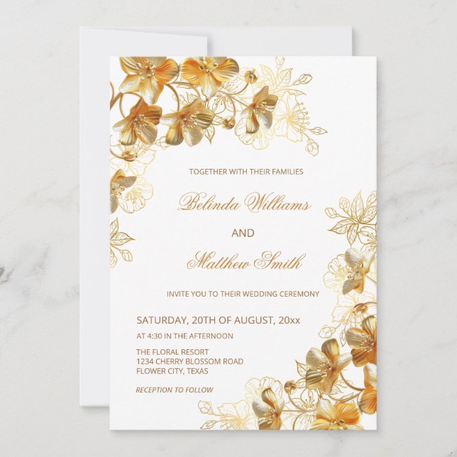 Gold 3D Flowers White Invitation (Front)