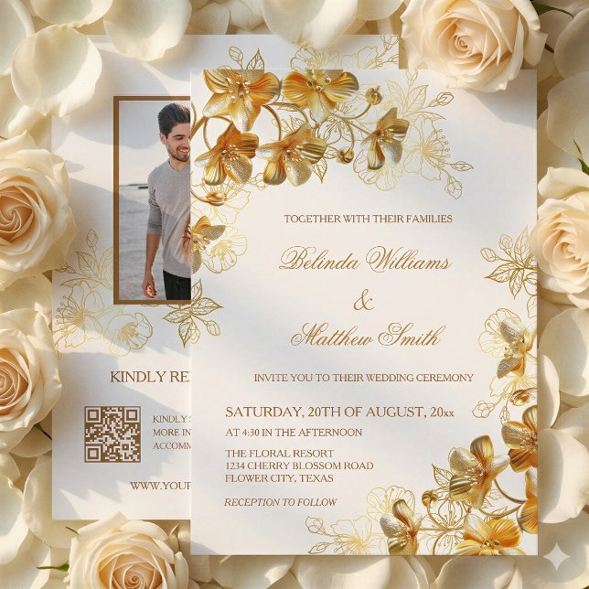 Gold 3D Flowers White Invitation (Creator Uploaded)