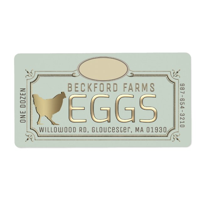 Gold 3D Framed Egg Carton Label with Farm and Hen  (Front)