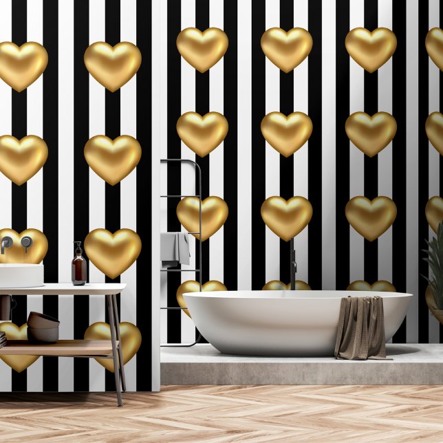 Gold 3d heart black white stripes  wallpaper  (Creator Uploaded)