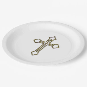 Gold 3D Looking Cross Outline Paper Plates