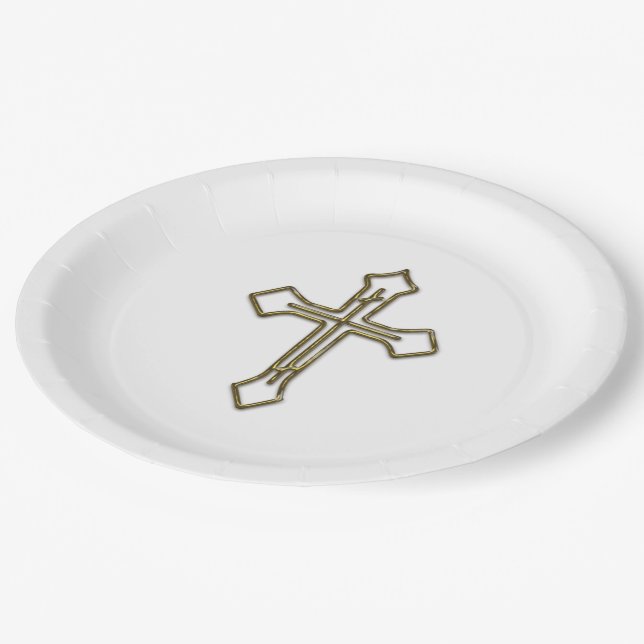 Gold 3D Looking Cross Outline Paper Plates (Angled)