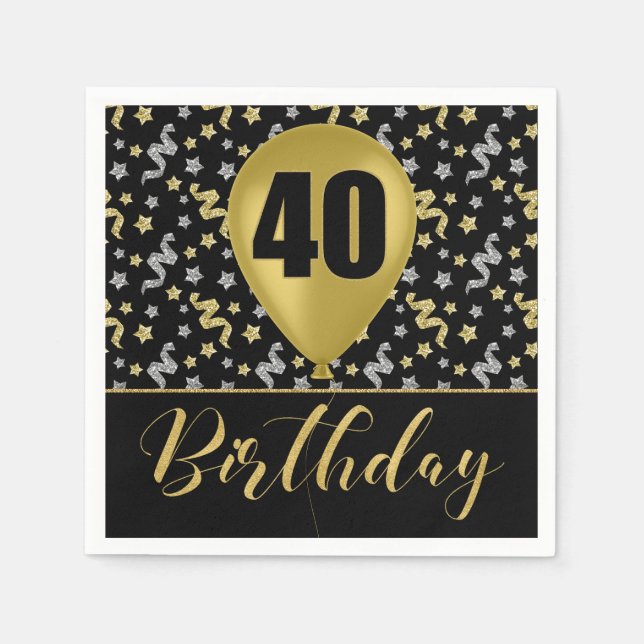 Gold 40 Birthday in Gold and Silver on Black Napkins (Front)