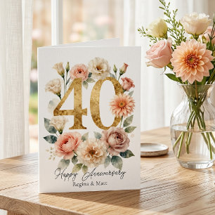 Gold 40th Anniversary Blush Pink Watercolor Floral Card