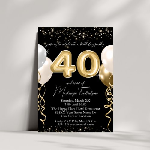 Gold 40th Birthday Balloons on Black Invitation