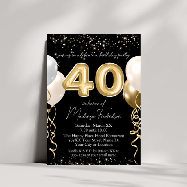 Gold 40th Birthday Balloons on Black Invitation (Creator Uploaded)