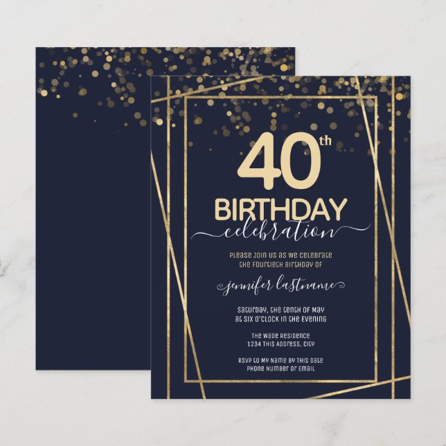 Gold 40th Birthday Party Budget Invitation (Front/Back)
