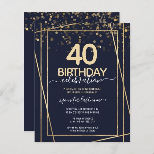 Gold 40th Birthday Party Budget Invitation